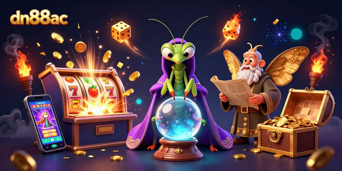 Spin the reels with the dn88ac fortune teller amidst a jackpot explosion of coins and vibrant casino elements.