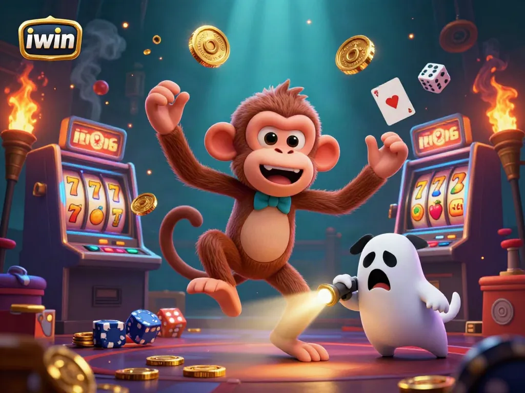 Win big with iwin in this dynamic scene featuring a ghostly monkey and curious puppy in a haunted casino.