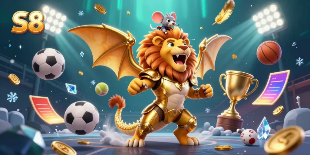 Experience thrilling bets with S8 where a chimera creature roars amidst dynamic casino elements.