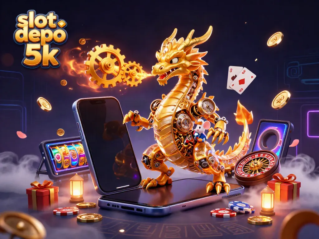 Experience thrilling action at slot depo 5k with a dazzling dragon and gaming elements.
