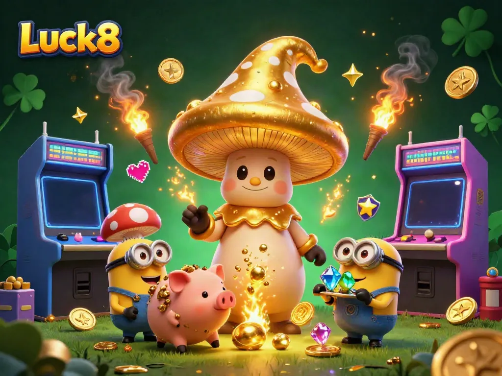 Engage with Luck8's immersive casino experience featuring a golden wizard and treasure-hunting creatures.