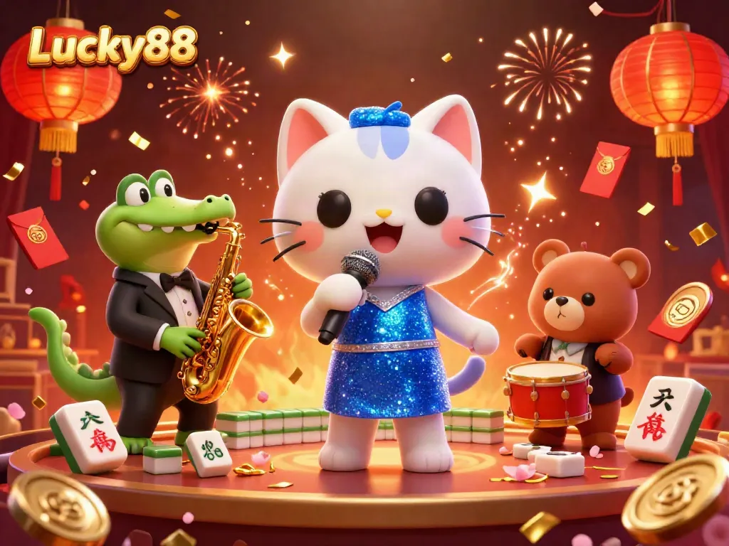 Experience the excitement of Lucky88 with a vibrant 3D casino scene featuring a jazz-singer cat, a saxophone croc, and a drum bear.