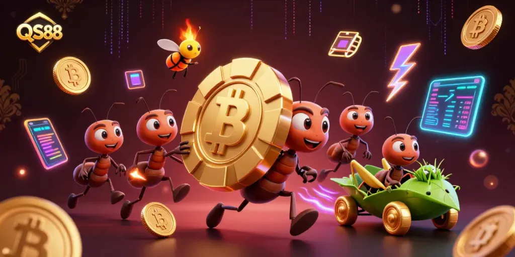 Experience the thrill of QS88 with a heist scene featuring ants and golden poker chips.