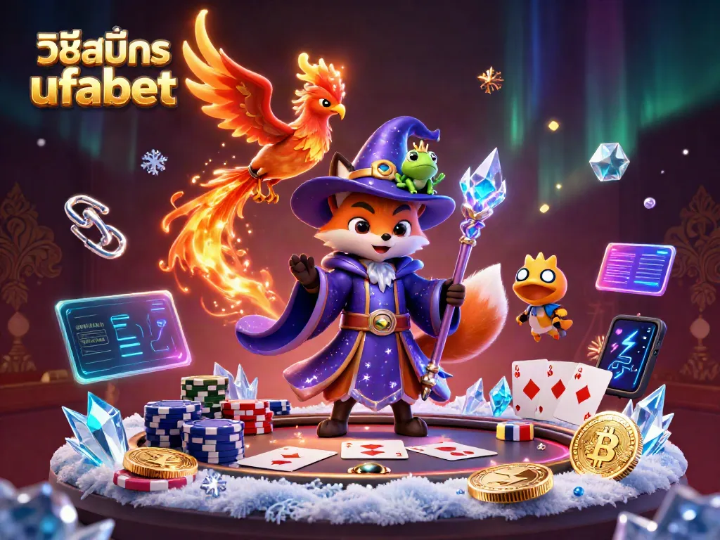 Engage with วิธีสมัคร ufabet through a vibrant 3D scene of a wizard fox and phoenix amidst gaming elements.