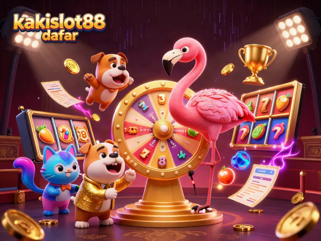 Gambaran interaktif kakislot88 daftar, menunjukkan acara permainan dengan karakter flamingo, bulldog, dan kucing dalam suasana kasino yang meriah.