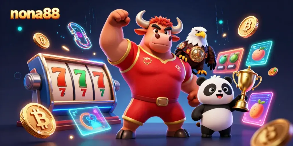 Engage with nona88's exciting casino atmosphere featuring a bullish mascot, eagle, and trophy alongside vibrant slot reels.