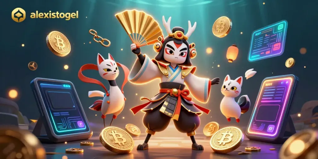 Gali pengalaman menang di alexistogel dengan ilustrasi kasino penuh warna dan karakter yang bersemangat.