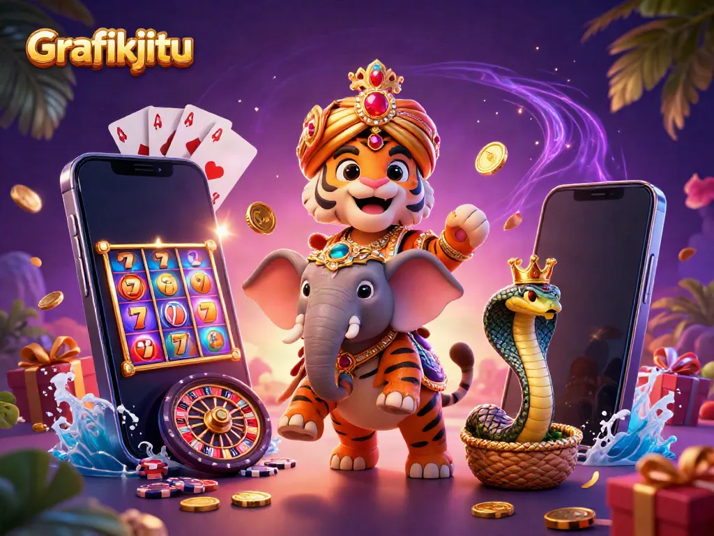 Engage with Grafikjitu through a vibrant 3D illustration of a tiger maharaja with gaming symbols.