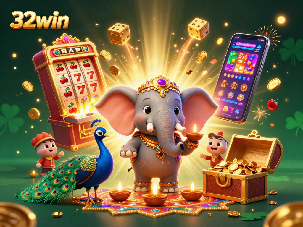 Engage with 32win's vibrant and dynamic casino illustration capturing excitement and energy of gaming