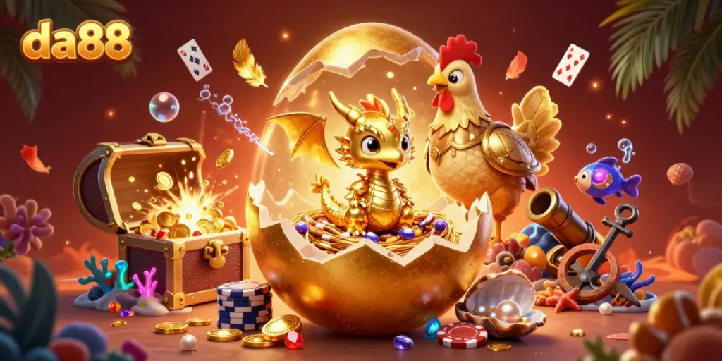 Engage with da88's thrilling world as a golden dragon emerges from a nest of poker chips amidst a dynamic casino scene.