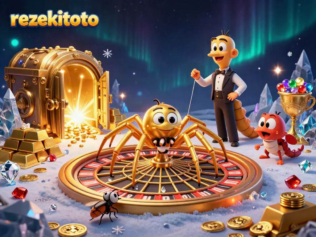 Experience thrilling bets at rezekitoto while surrounded by treasures in this vibrant 3D illustration.