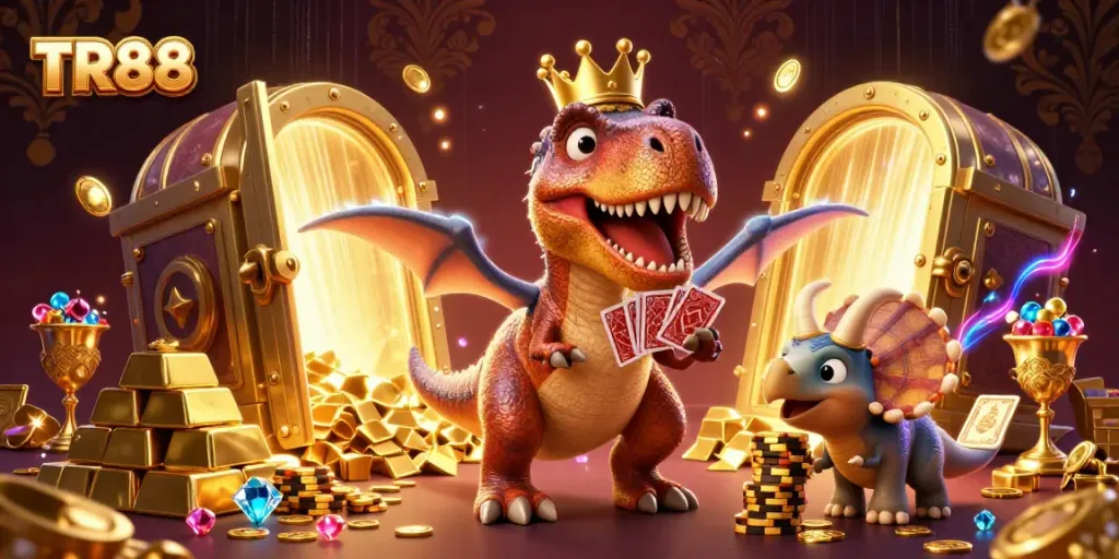 Engage in thrilling gameplay at TR88 with a vibrant 3D casino scene featuring friendly cartoon characters.