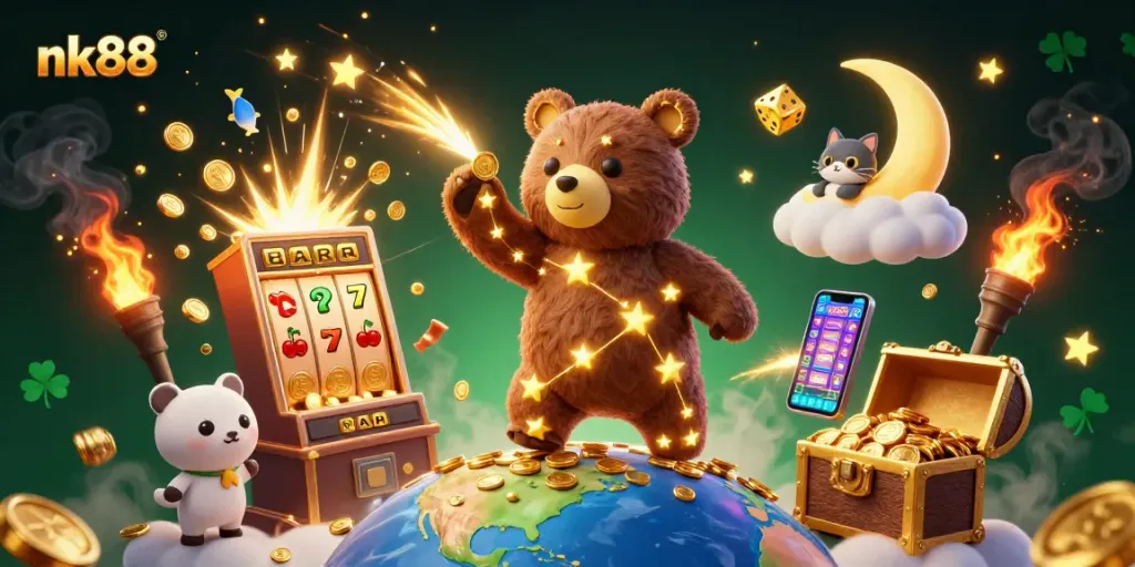 Play exciting games with nk88 in this vibrant 3D casino illustration brimming with rewards and action.
