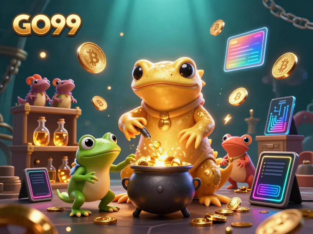 Experience thrilling gameplay with GO99 as golden coins shimmer in a magical alchemy lab.