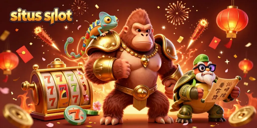 Mengintip keseruan situs slot dengan gorila raja bertenaga, chameleon cerdik, dan kura-kura bijak dalam adegan penuh warna.