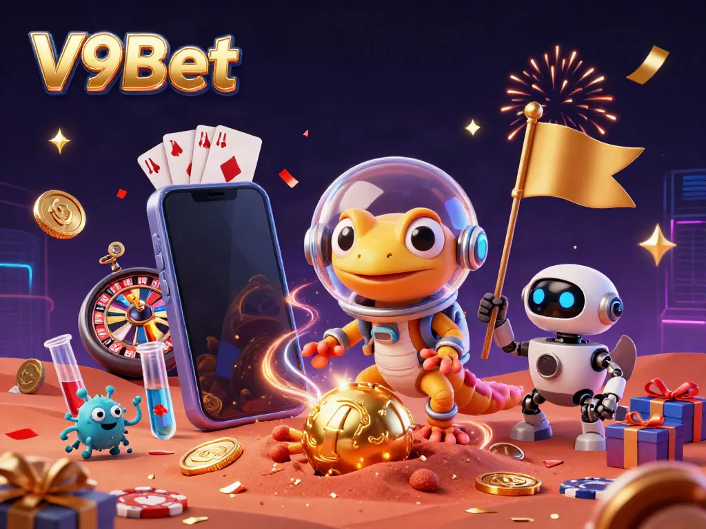 Join the excitement of V9Bet with a 3D cartoon Martian gecko discovering golden casino treasures.