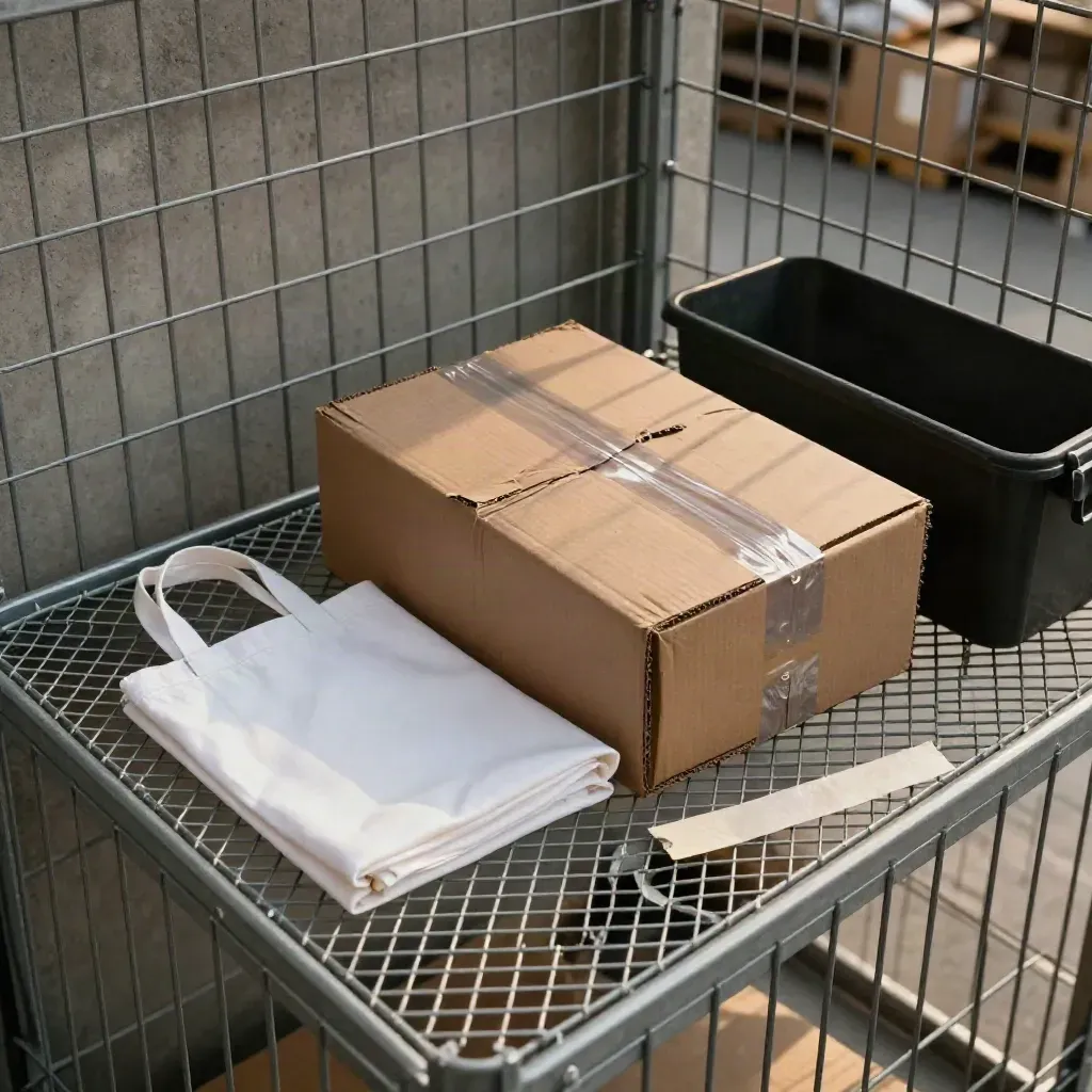 Uszkodzona paczka, czysta torba i czarny kosz w strefie zwrotów na stalowej kratce.