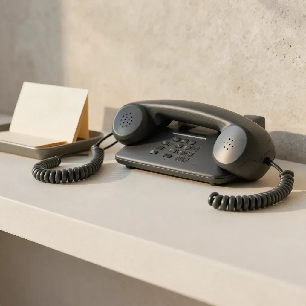 Słuchawka telefonu, podstawa głośnika i tacka z kartami na jasnym tynku.
