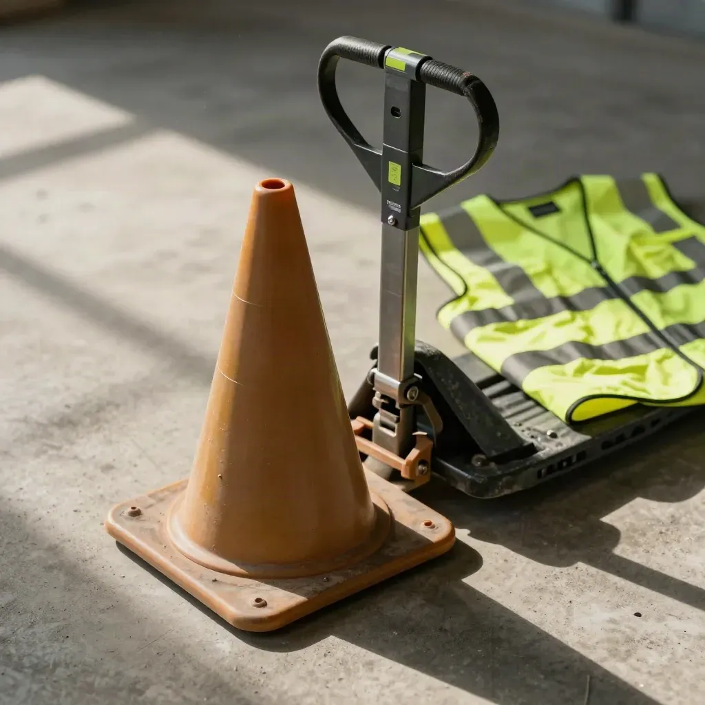 Stożek bezpieczeństwa, uchwyt paleciaka i kamizelka hi-vis na betonowej posadzce.
