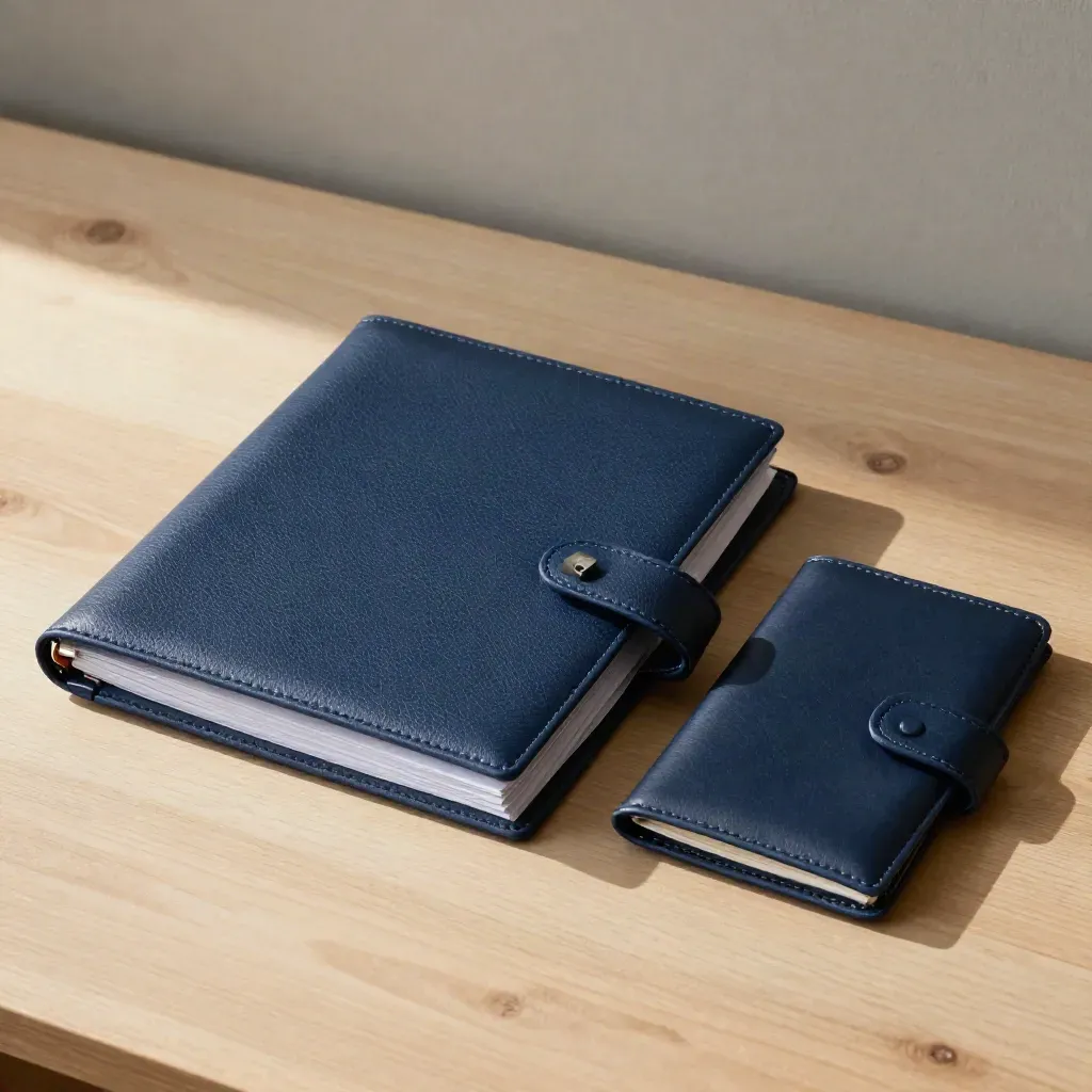 Widok z góry: folder, segregator, pendrive i etui na dokumenty na jasnym drewnie.
