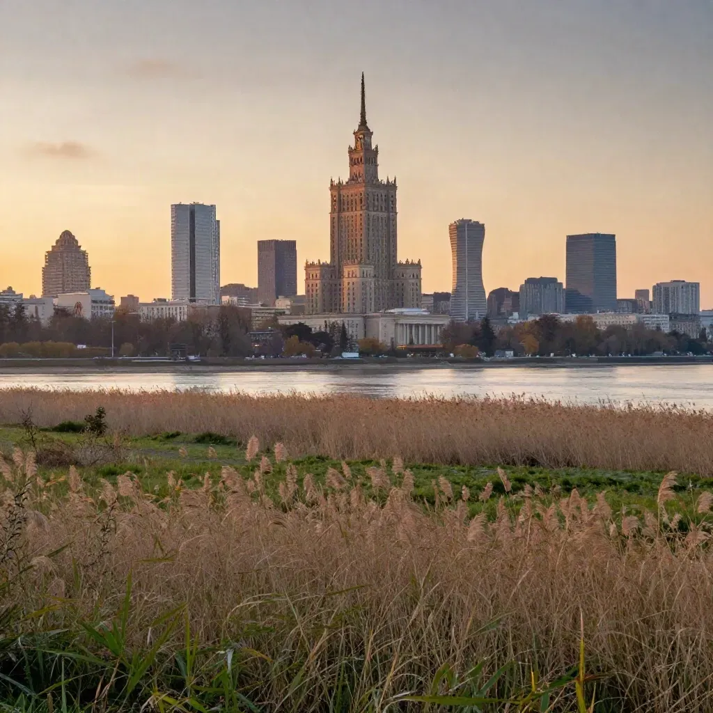 Panorama Mazowsza o świcie: wieże Warszawy nad mglistymi łąkami Wisły