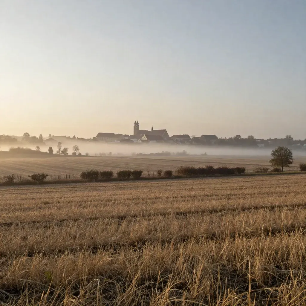 Poranne pola Wielkopolski z mgłą i ledwo widoczną panoramą Poznania.