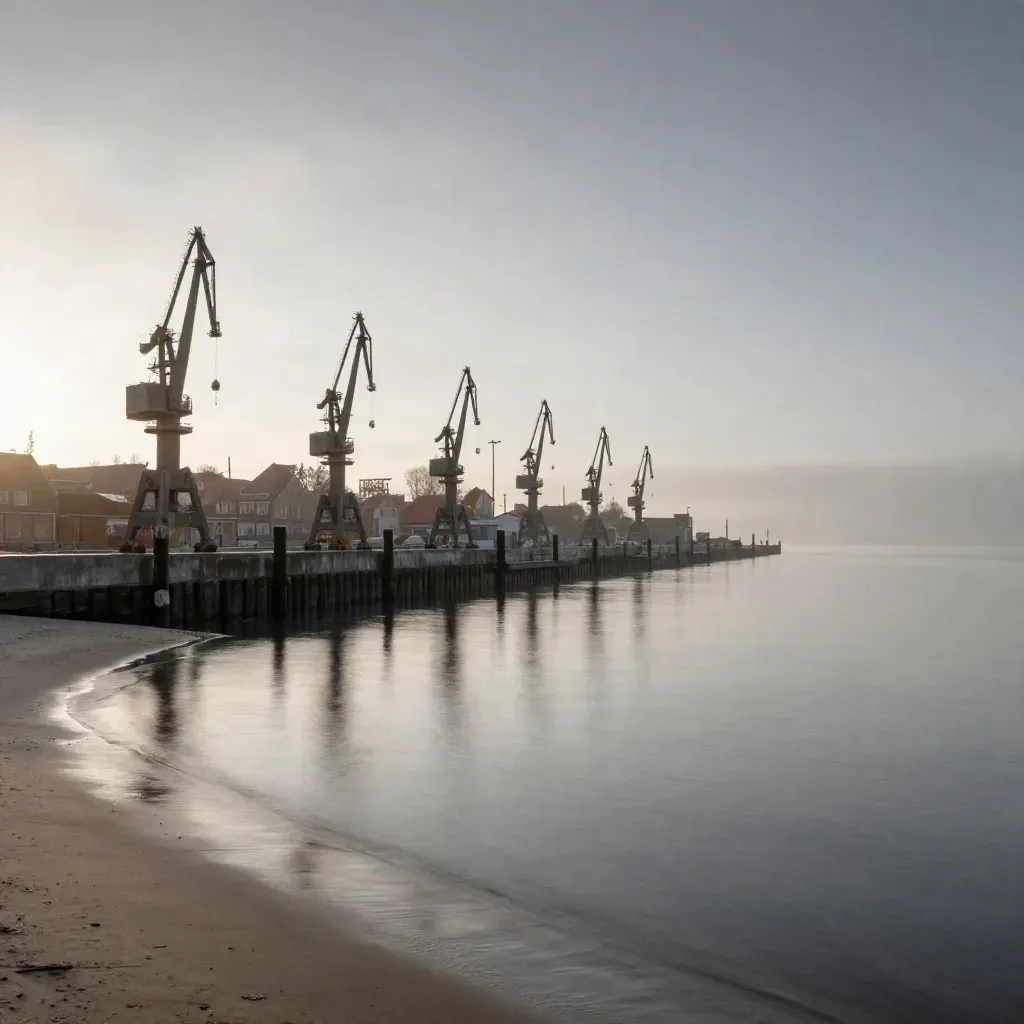 Port w Gdańsku z dźwigami i masztami nad mokrym nabrzeżem w ciepłym świetle