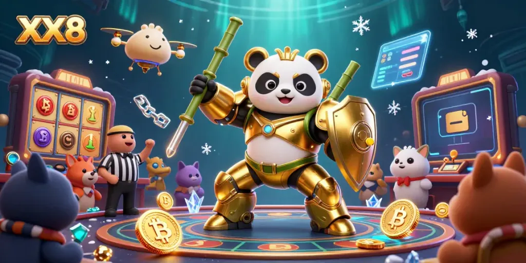 Experience the thrilling gameplay of XX8 in a vibrant 3D casino arena filled with crypto and gaming elements.