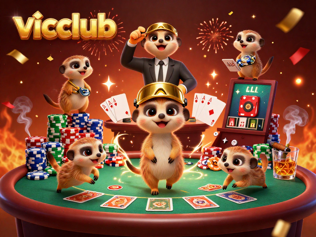 vicclub's meerkat casino shows excitement with colorful poker chips and players engaged in betting.
