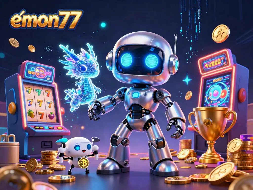 Experience the thrilling gameplay at emon77 with this vibrant 3D illustration of slot machines, robots, and holographic elements.