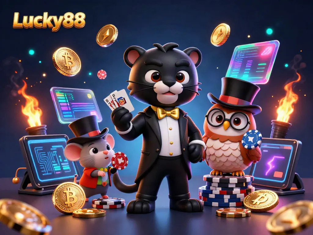 Lucky88 features a sleek black panther dealer, an owl with poker chips, and a mouse, celebrating casino wins.