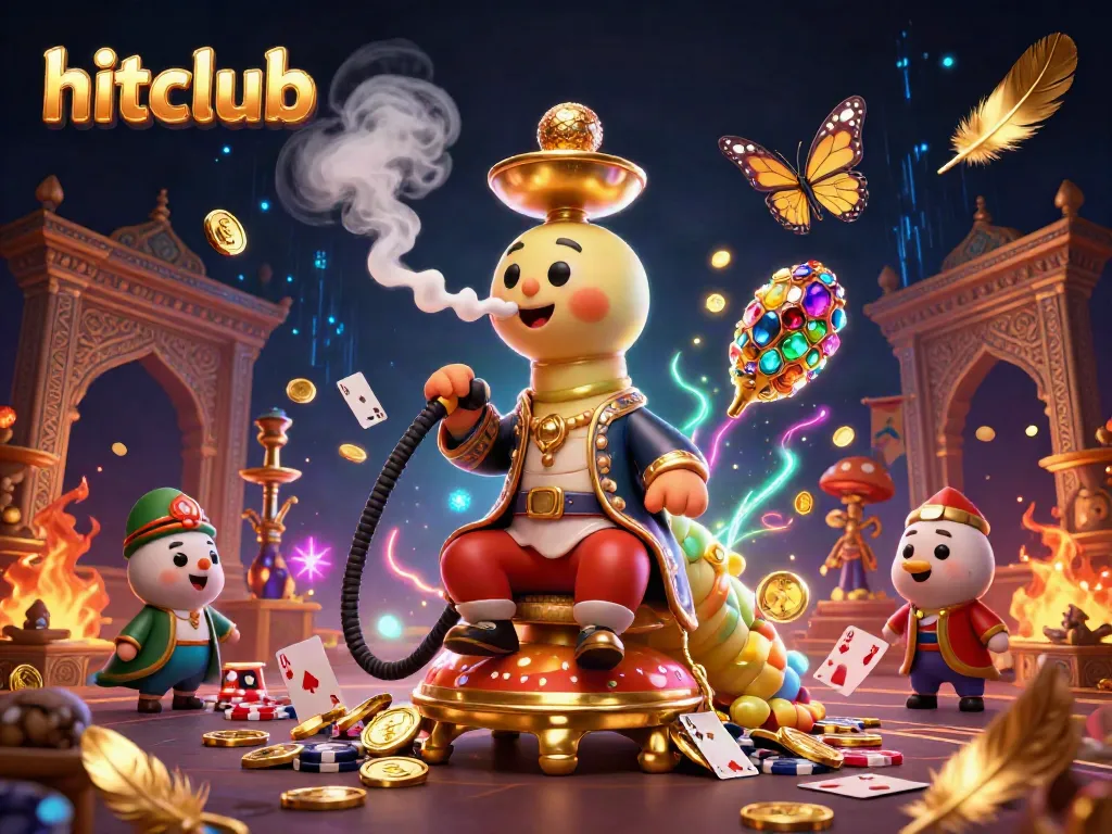 Experience the hitclub atmosphere as the caterpillar master leads a vibrant casino scene with poker symbols.