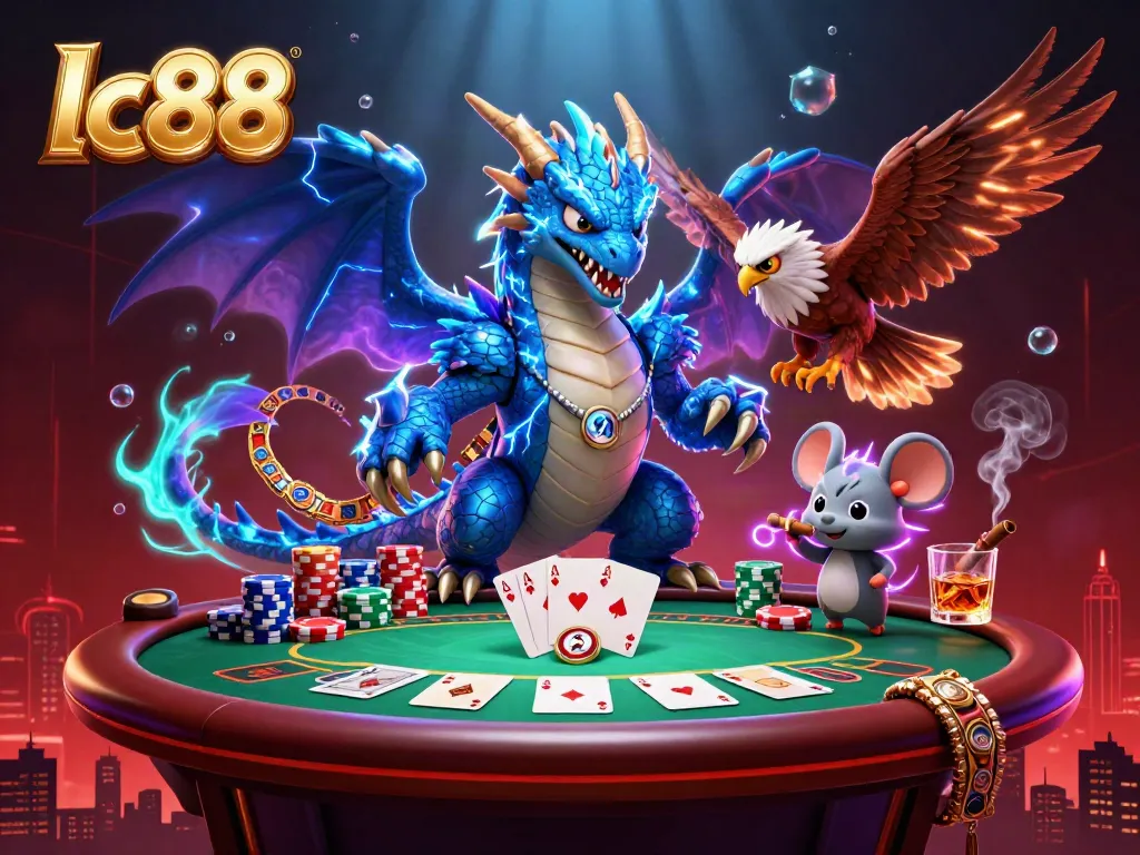 Engage with dynamic lc88 poker gameplay featuring an electrifying dragon and vibrant casino elements.