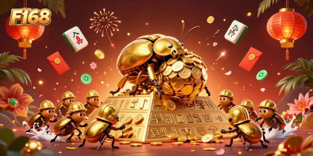 Explore F168's vibrant online casino experience with golden coin beetles and festive symbols.