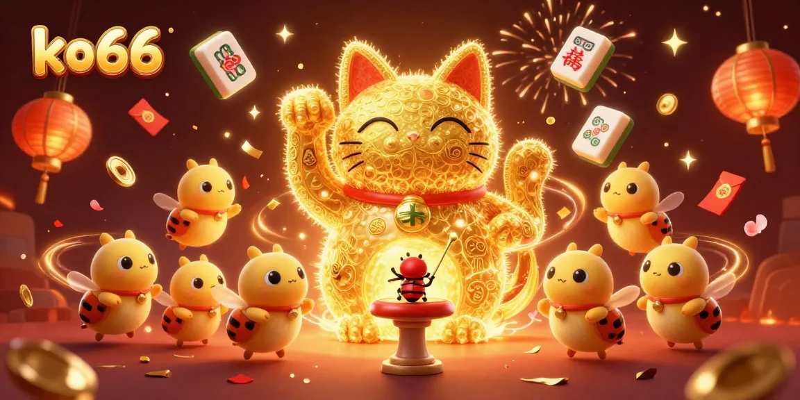 Engage with the vibrant ko66 casino world through playful golden fireflies forming a lucky cat.