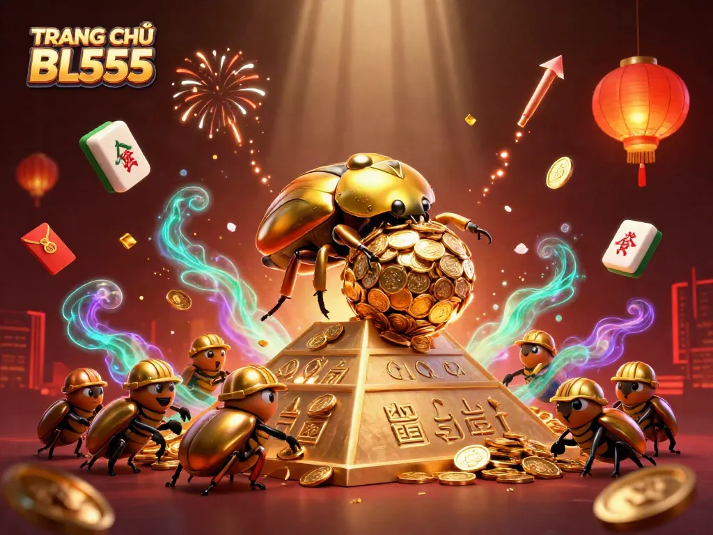 Experience the excitement of TRANG CHỦ BL555 with a golden dung beetle and casino symbols in a vibrant 3D illustration.
