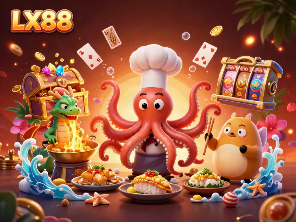Experience thrilling gameplay at LX88 with a vibrant, festive scene featuring an octopus chef preparing golden dishes alongside colorful casino elements.