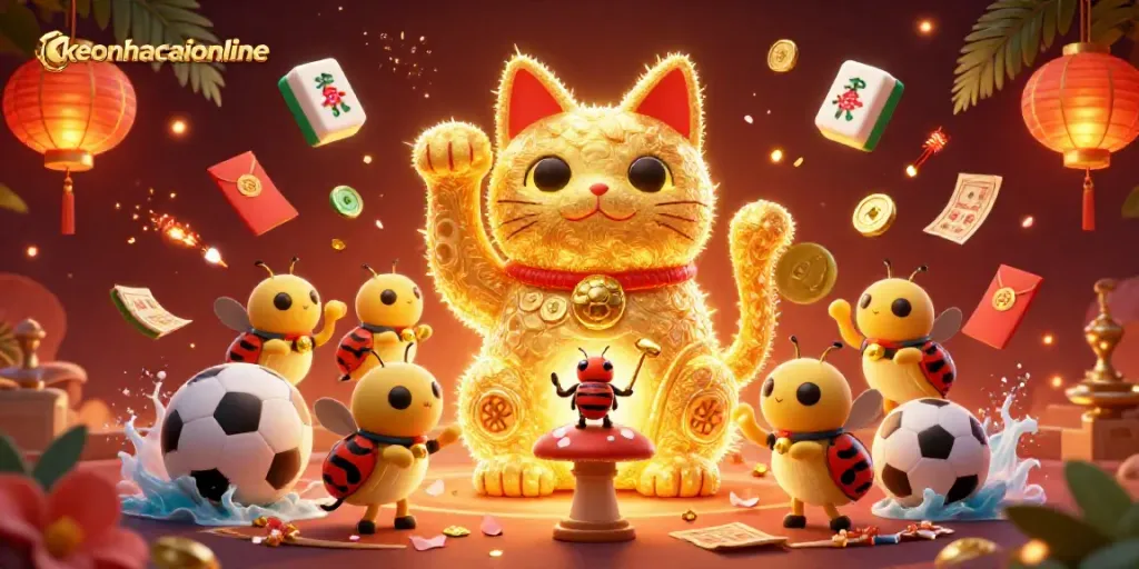 Engage with keonhacaionline in this vibrant 3D illustration of a lucky cat among dynamic casino symbols.