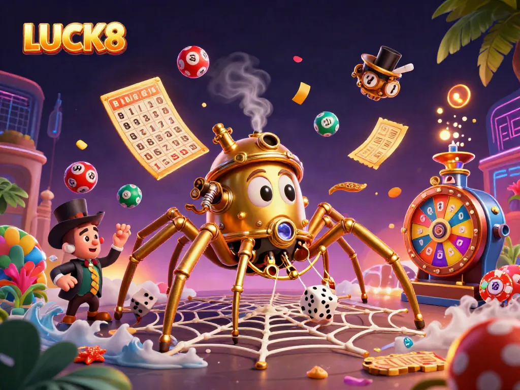 Catch a glimpse of LUCK8's vibrant gaming world, featuring a playful steampunk spider ensnaring unlucky dice in a vibrant casino scene.