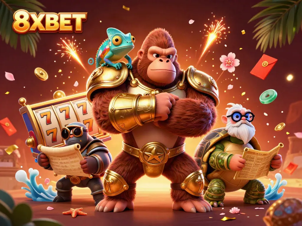 Experience thrilling slot gaming at 8XBET with a vibrant 3D cartoon scene filled with action.