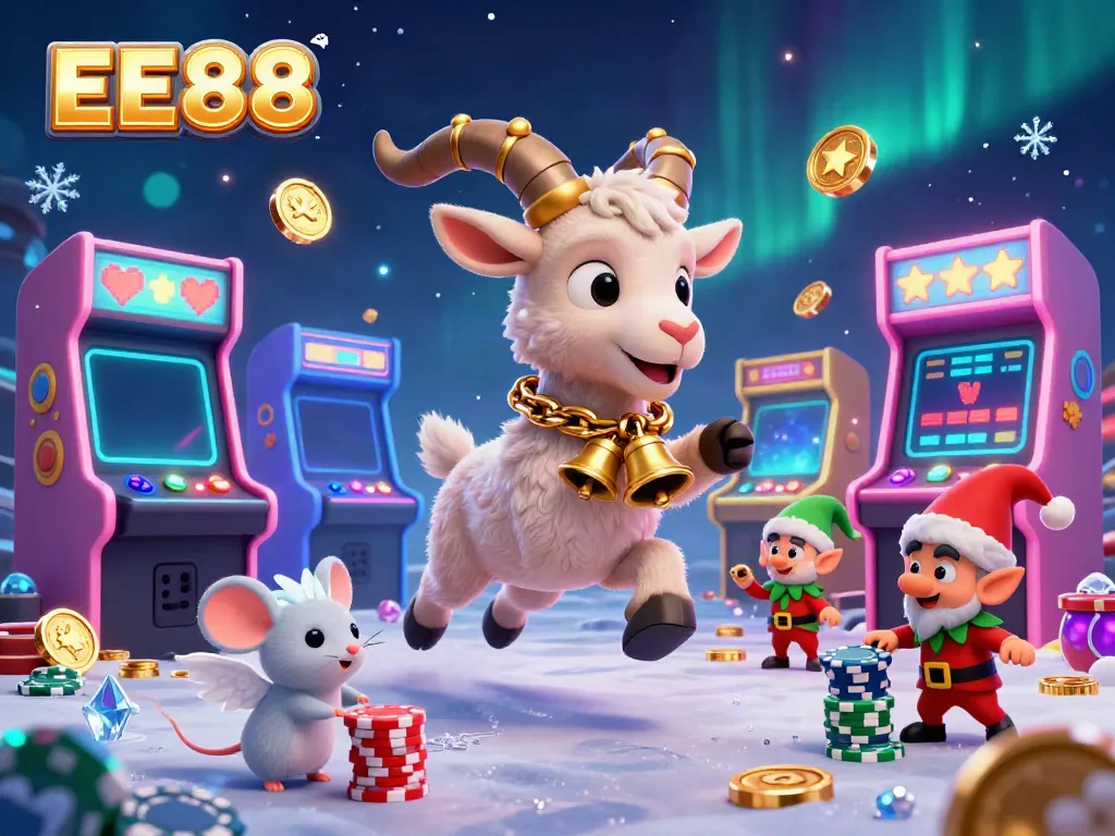Engage with the EE88 holiday-horror casino scene featuring a festive Krampus goat and playful elf gremlins.