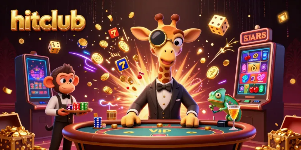 Experience thrilling gaming at hitclub with high-roller giraffe, monkey valet, and chameleon bartender.