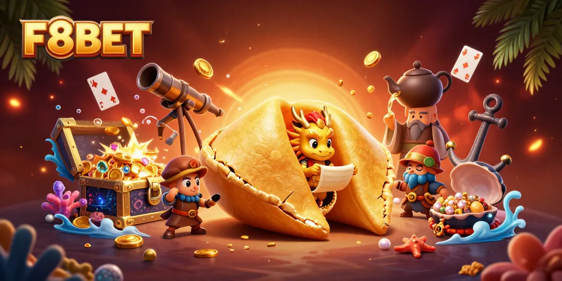 Engage with F8BET's casino magic featuring a golden fortune cookie and treasures!