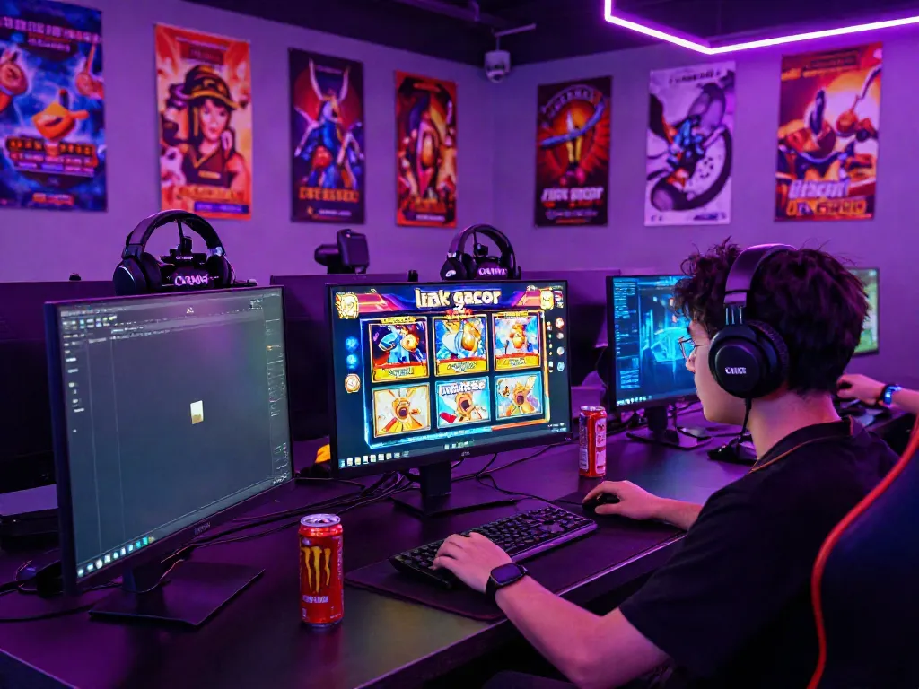 Exciting gaming scene with link gacor slot game on screen, vibrant atmosphere.