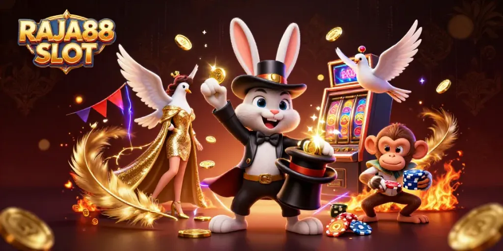 Experience the enchantment of RAJA88 SLOT with a magician rabbit, dove, and monkey amidst golden coins and vibrant slot reels.