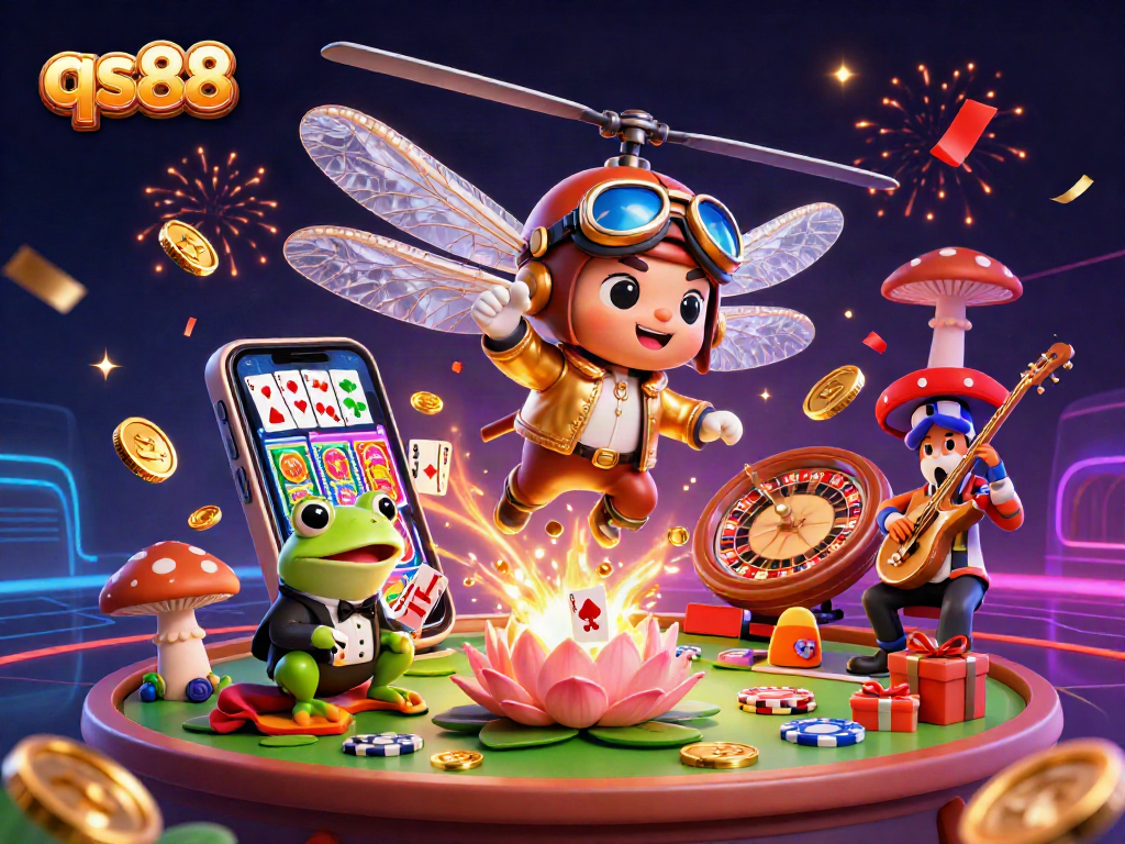 Experience the excitement of qs88 with vibrant characters, casino games, and dynamic elements in a unique 3D illustration.