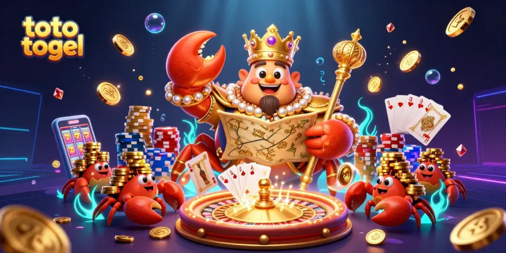 Engaging scene of the golden crab emperor dominating a toto togel gaming realm, showcasing vibrant casino elements.