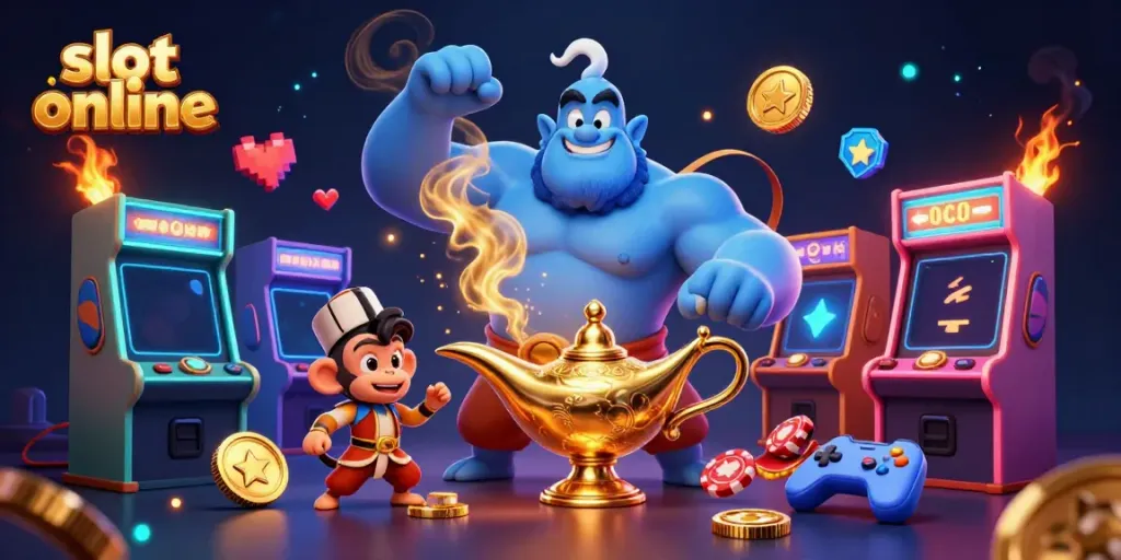 Engage with slot online gaming featuring a genie, monkey, and colorful interactive elements.