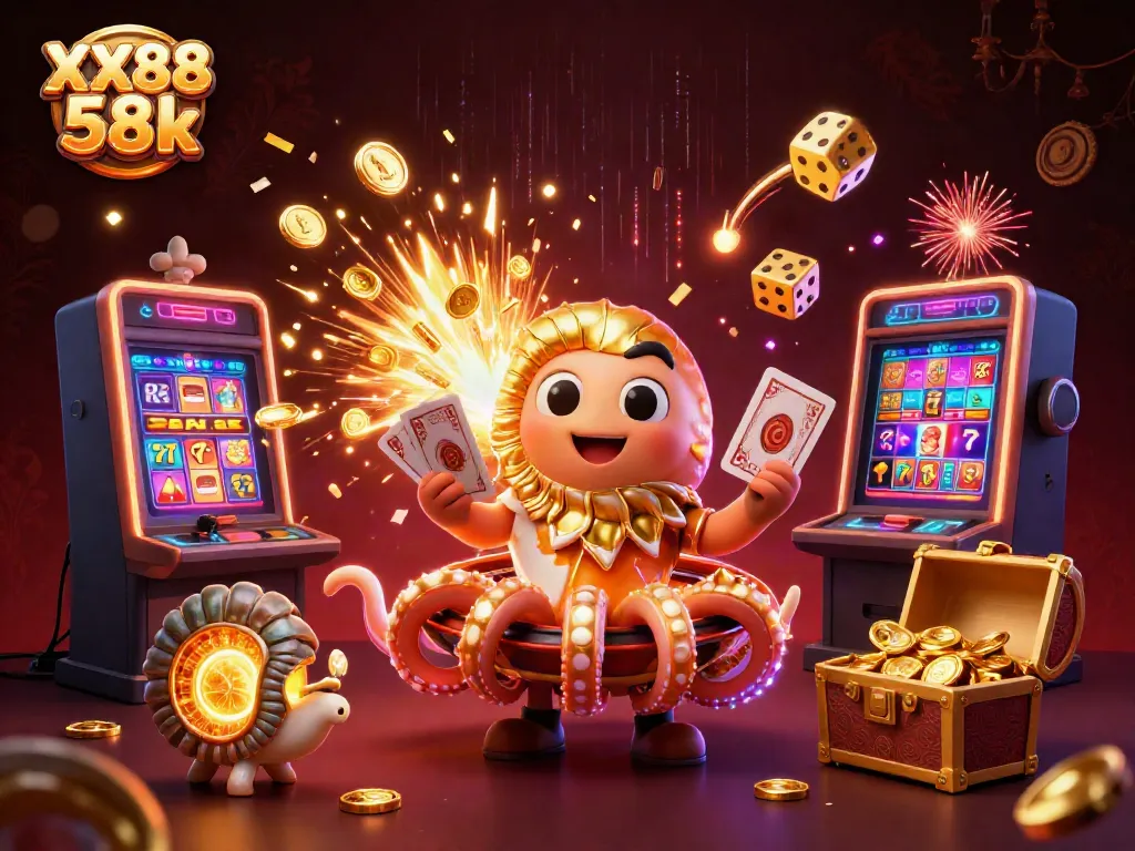 Win big with XX88 58k in this vibrant illustration showcasing an epic casino scene.