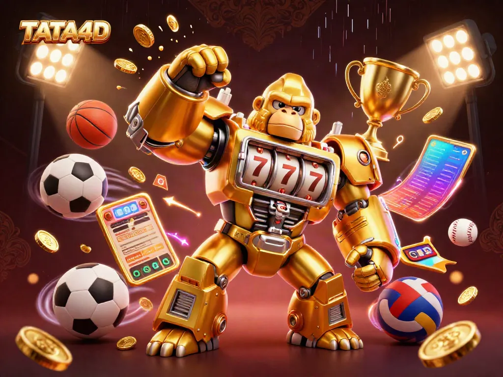 "TATA4D" delivers an exciting gaming scene with a golden gorilla mech and sports elements flying dynamically.
